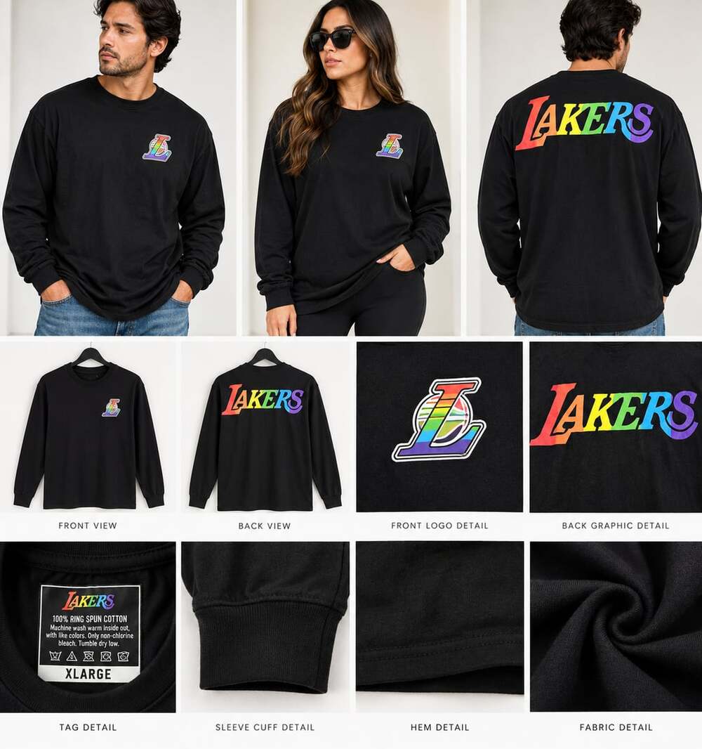 Lakers Black Crewneck T-Shirt with Rainbow 'L' Logo for Pride Unisex